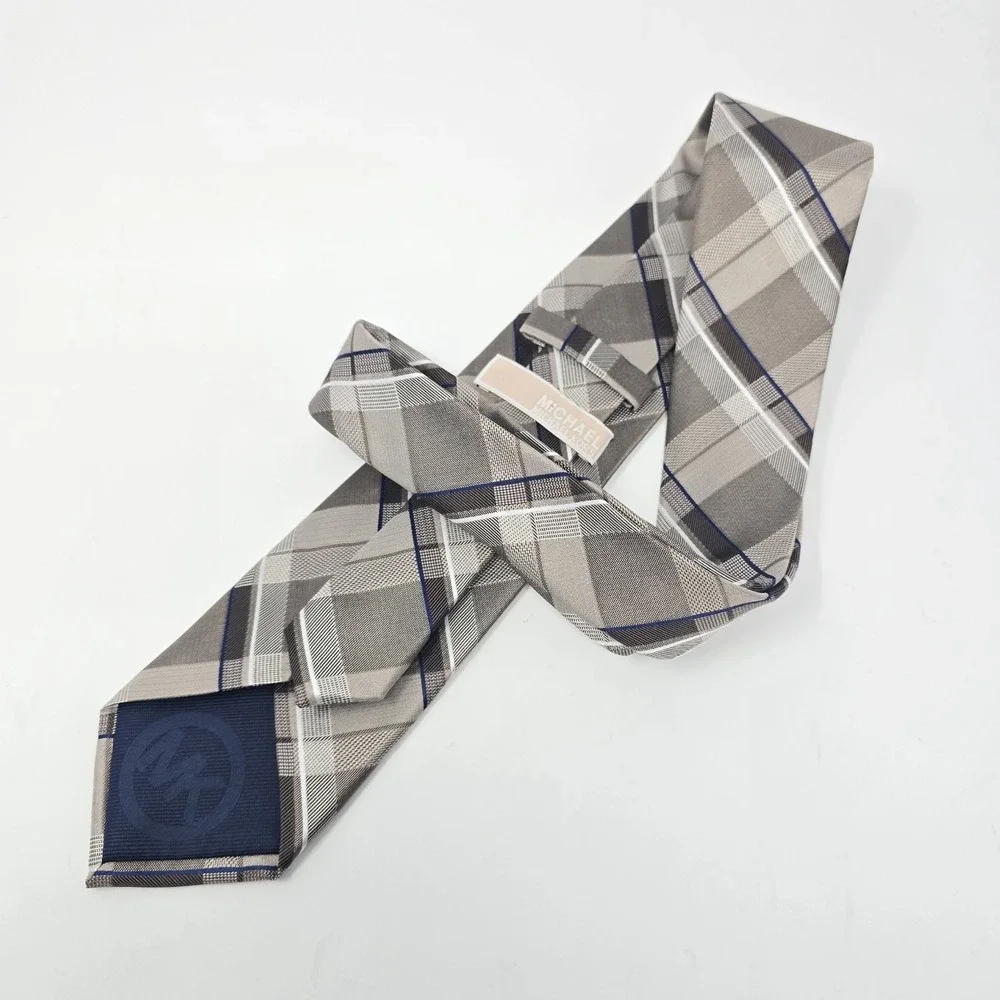 Michael Kors Mens Grey Plaid Silk Necktie Blue Accent Textured Formal Tie